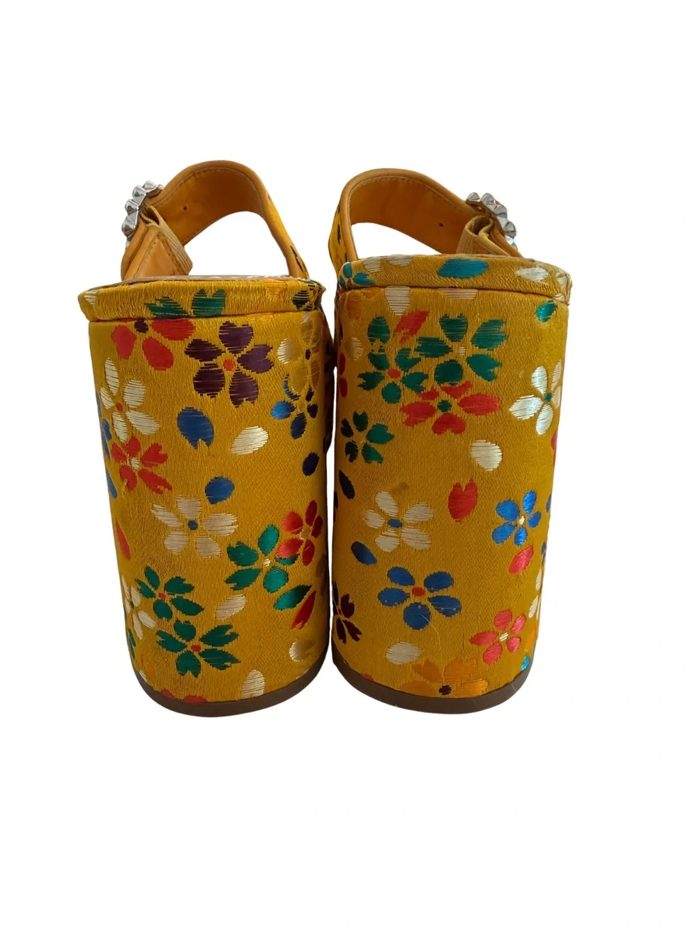 Gianni Bini Ulti-Mate Floral Rhinestone Platform Heels 9.5 Retro 70s Yellow